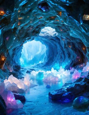 The primary subject of the image is a large, blue, glowing cave with a blue river flowing through it. The cave appears to be a natural wonder, and the blue lighting adds a unique and captivating atmosphere to the scene. The setting is a cave with a blue river flowing through it, and the visual style is a combination of a photo and digital art. The colors and mood of the image are predominantly blue, creating a serene and calming environment.